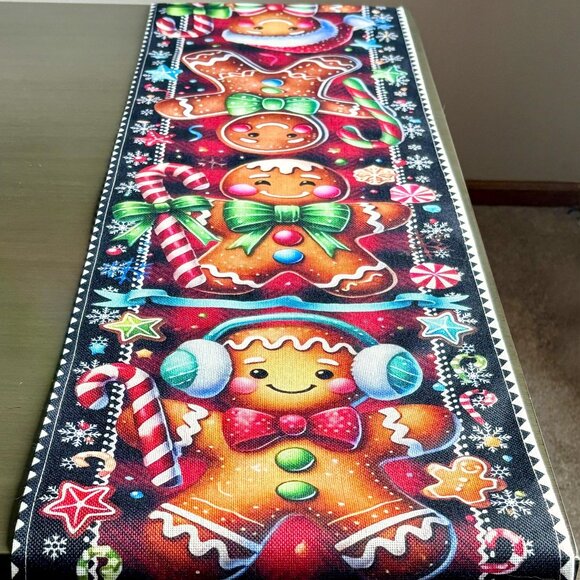 72" Whimsical Vibrant Gingerbread People Candy Snowflakes Christmas Table Runner - Picture 4 of 10